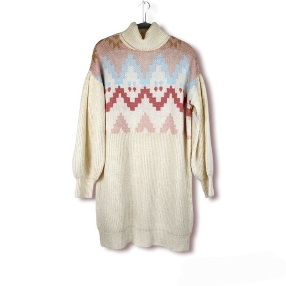 SO Turtleneck Knit Dress Sweater Ivory Pink Oversized Size M